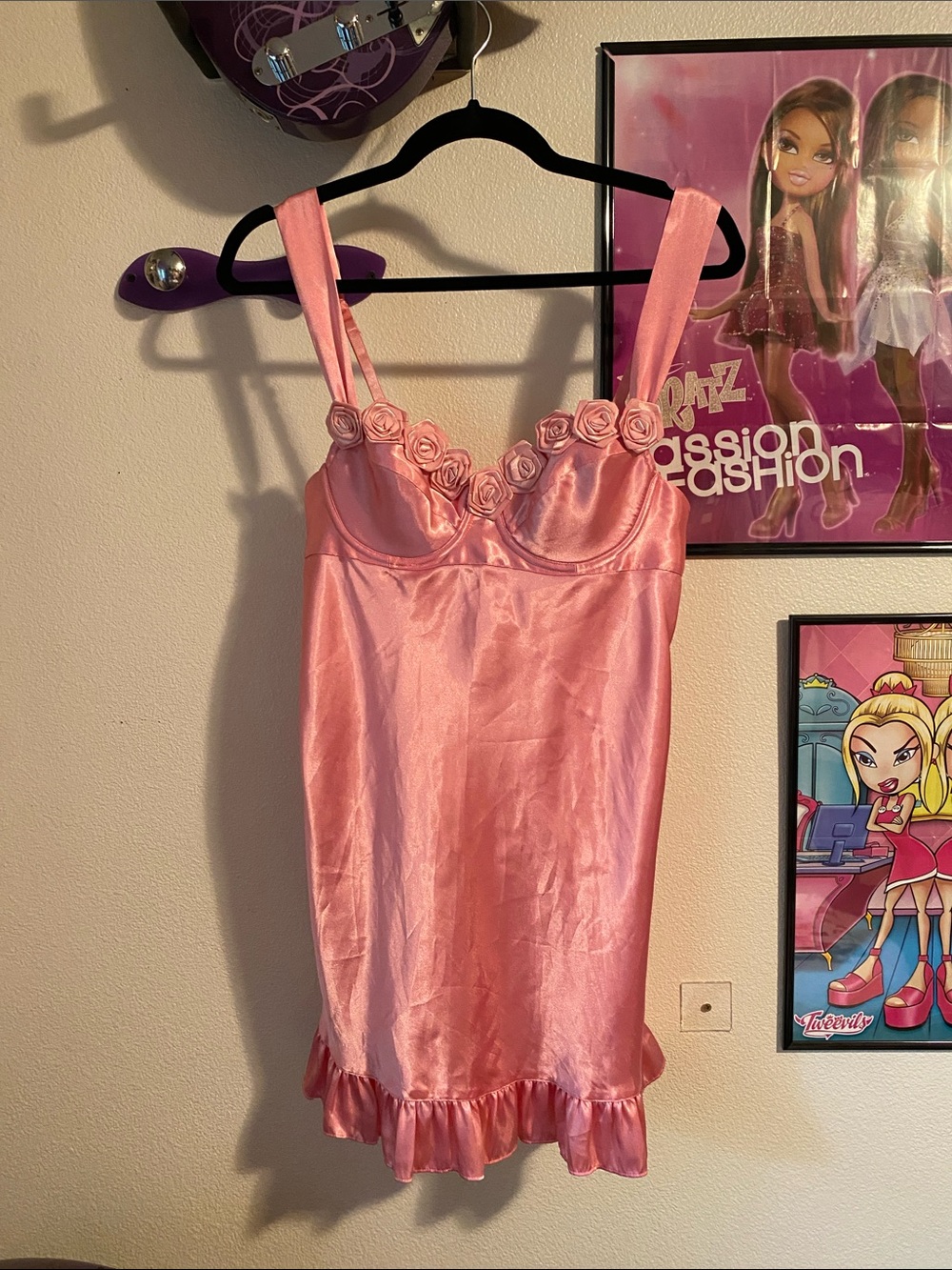 Pink Satin Slip Dress with Rose Trim